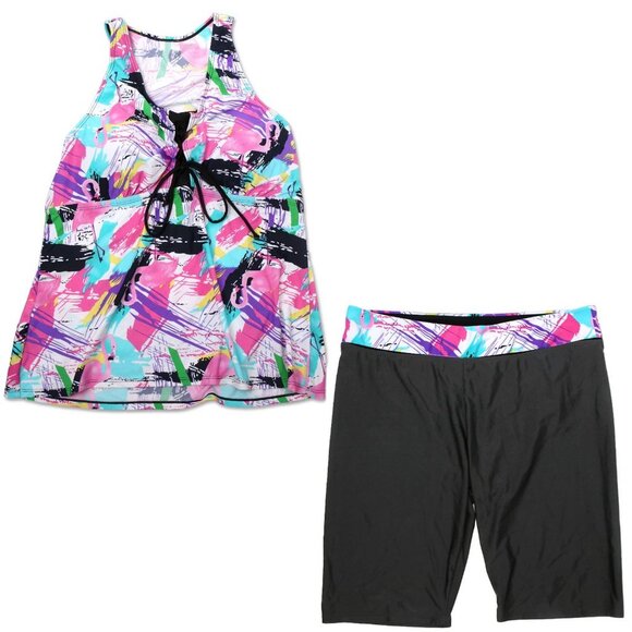 Flamingo Swim Top & Shorts 2pc Neon 90s Bathing Suit Stretch Pink Blue Black - Picture 2 of 15